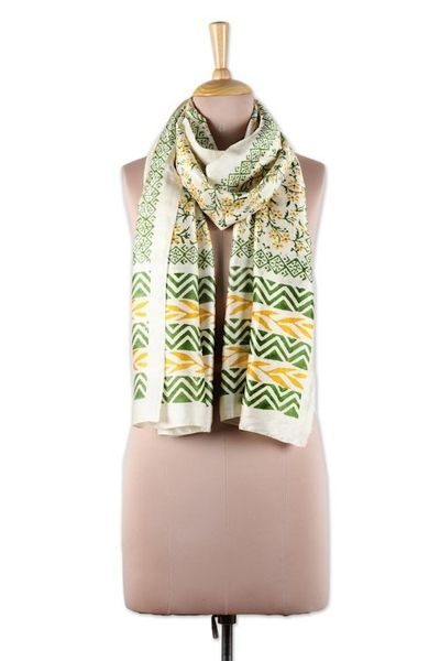 Alternate image for Block-Printed Floral Silk Wrap Scarf from India Autumn Flowers