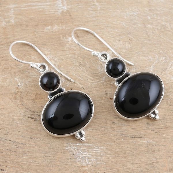Alternate image for Sterling Silver Dangle Earrings with Black Onyx Cabochons Midnight Dancer