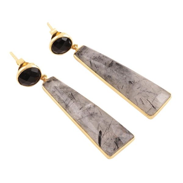 Alternate image for Gold Plated Tourmalinated Quartz and Onyx Dangle Earrings Elegant Towers