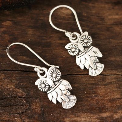 Alternate image for Sterling Silver Owl Dangle Earrings from India Night Vision