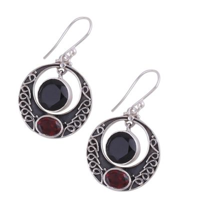 Alternate image for Onyx and Garnet Circular Dangle Earrings from India Dancing Loops