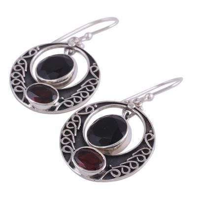 Alternate image for Onyx and Garnet Circular Dangle Earrings from India Dancing Loops