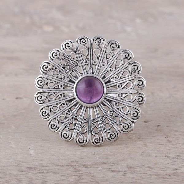 Alternate image for Sterling Silver Amethyst Openwork Flower Cocktail Ring Beautiful Bloom