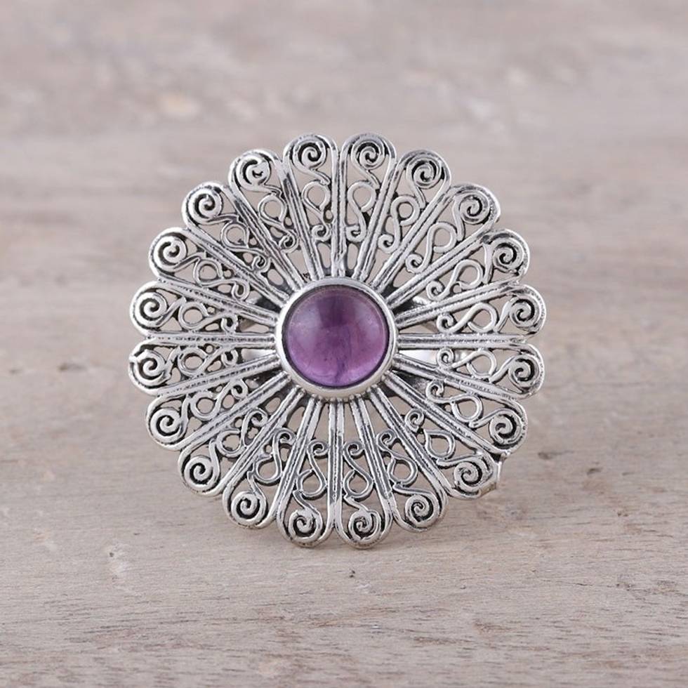 Sterling Silver Amethyst Openwork Flower Cocktail Ring 'Beautiful Bloom'