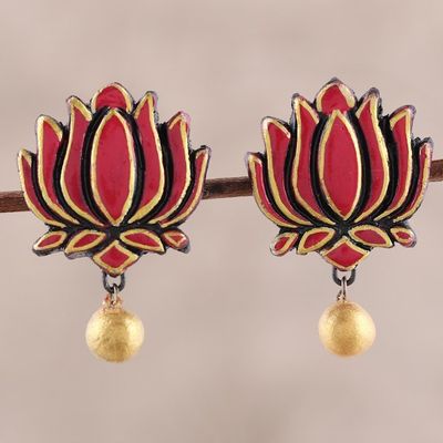 Alternate image for Pink and Gold Colored Hand Painted Terracotta Earrings Lotus Majesty