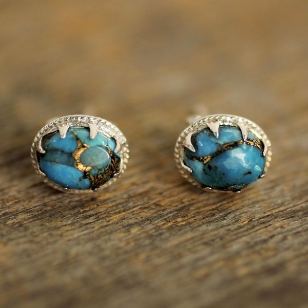 Alternate image for Sterling Silver Stud Earrings with Blue Composite Turquoise Morning in Blue