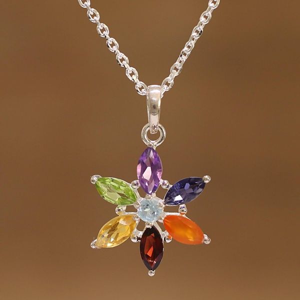 Alternate image for Multi-Gemstone Floral Pendant Necklace from India Floral Chakra