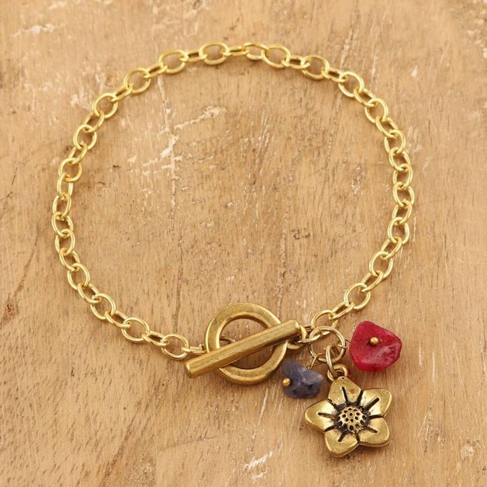 Floral Brass Charm Bracelet with Agate Chips from India 'Harmony Bloom'
