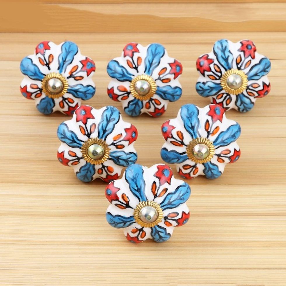 Set of 6 Hand Painted Ceramic Drawer PullsKnobs 'Flowery Glory'