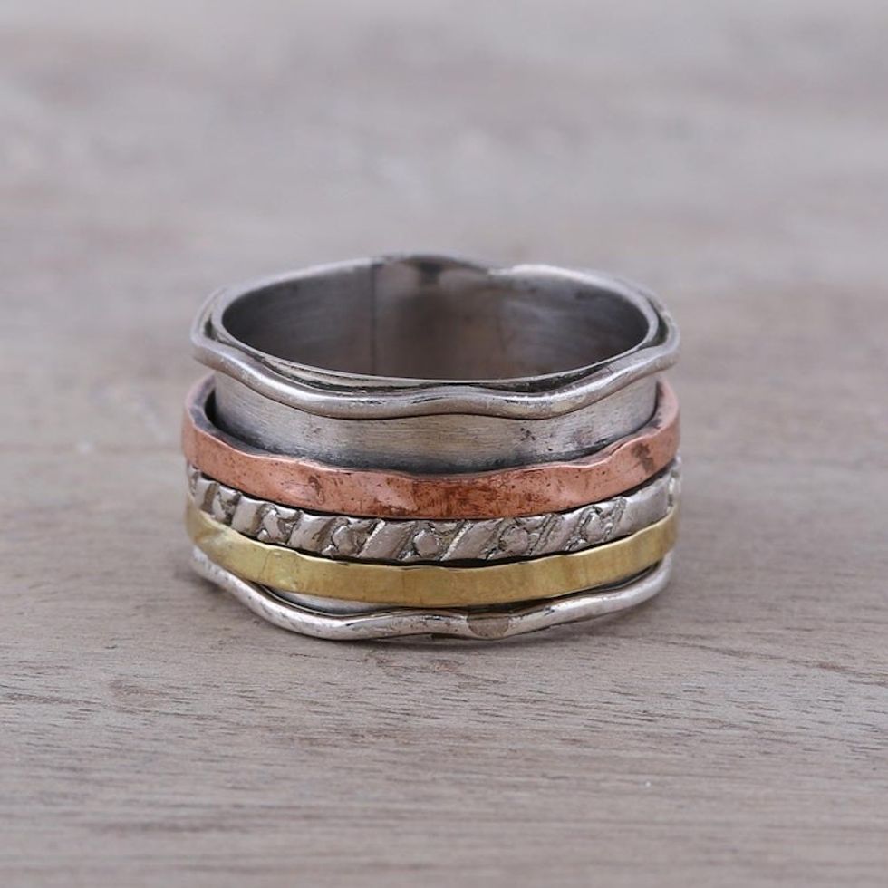 Handcrafted Sterling Silver Copper and Brass Meditation Ring 'Spinning Trio'