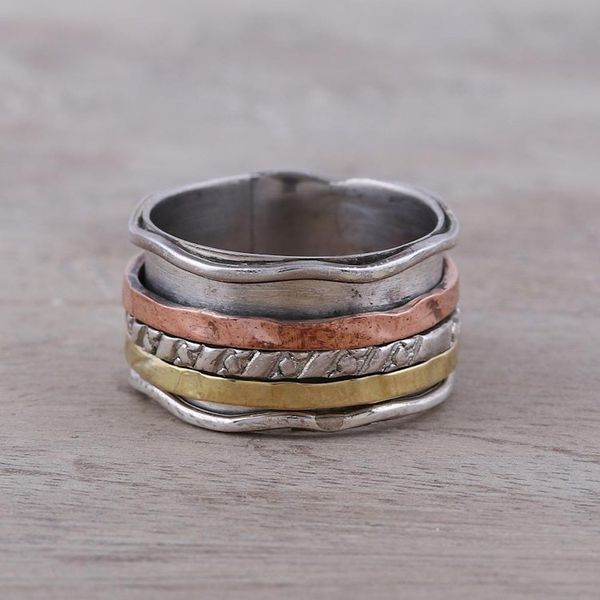 Alternate image for Handcrafted Sterling Silver Copper and Brass Meditation Ring Spinning Trio