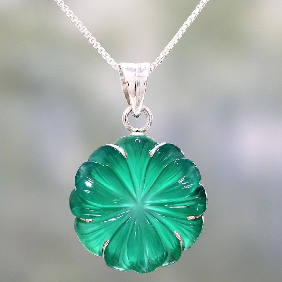 Green Onyx and Silver Floral Pendant Necklace from India 'Green Petals'