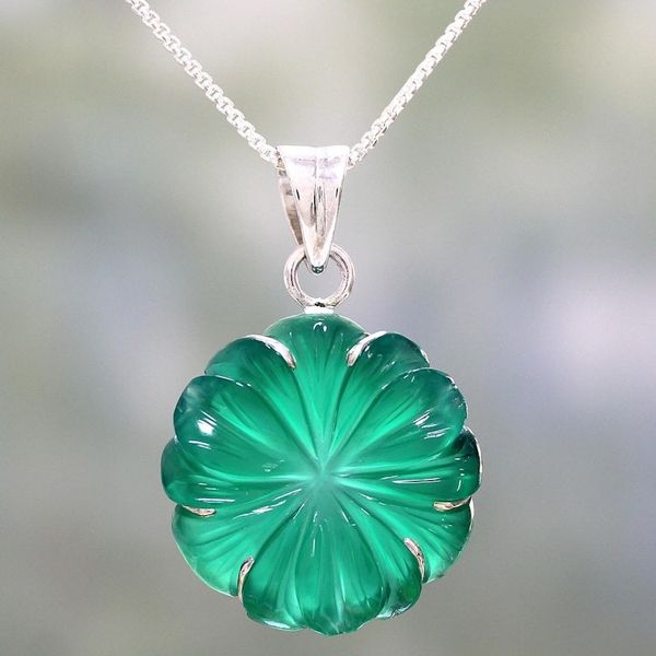 Alternate image for Green Onyx and Silver Floral Pendant Necklace from India Green Petals