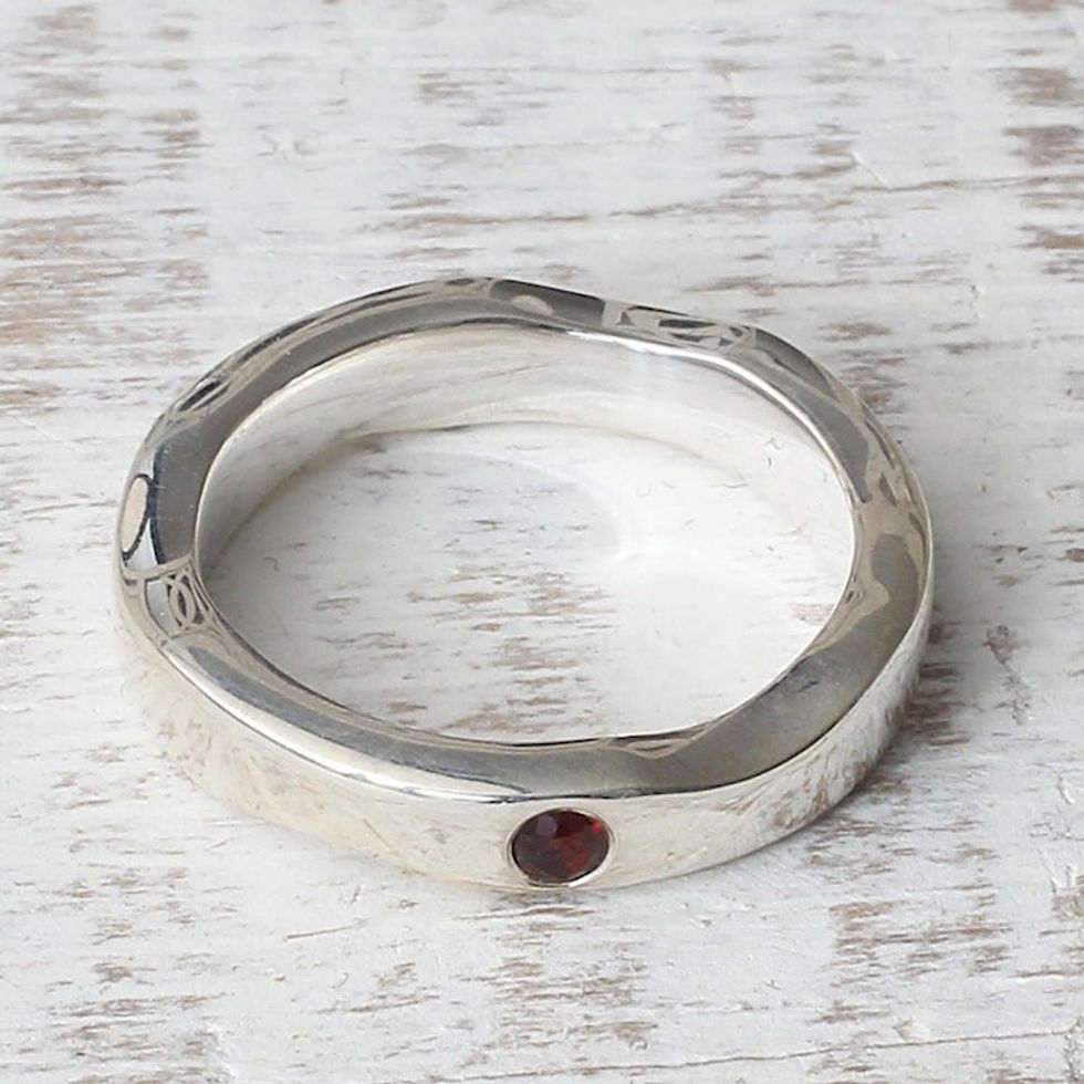 Sterling Silver and Garnet Band Ring from India 'Curvy Sophistication in Red'