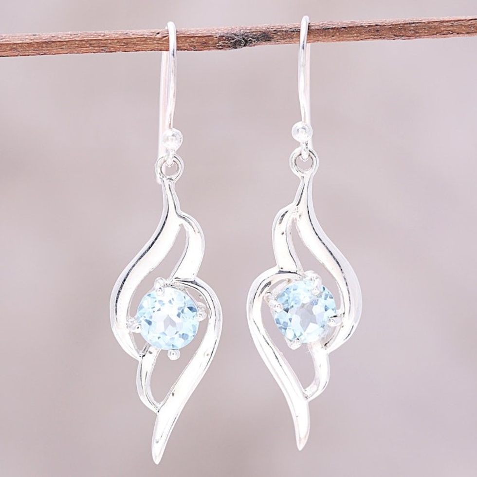 Wave Motif Blue Topaz Dangle Earrings from India 'Dazzling Gleam'