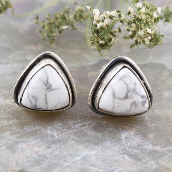 Alternate image for Sterling Silver and Howlite Stud Earrings White Pyramid