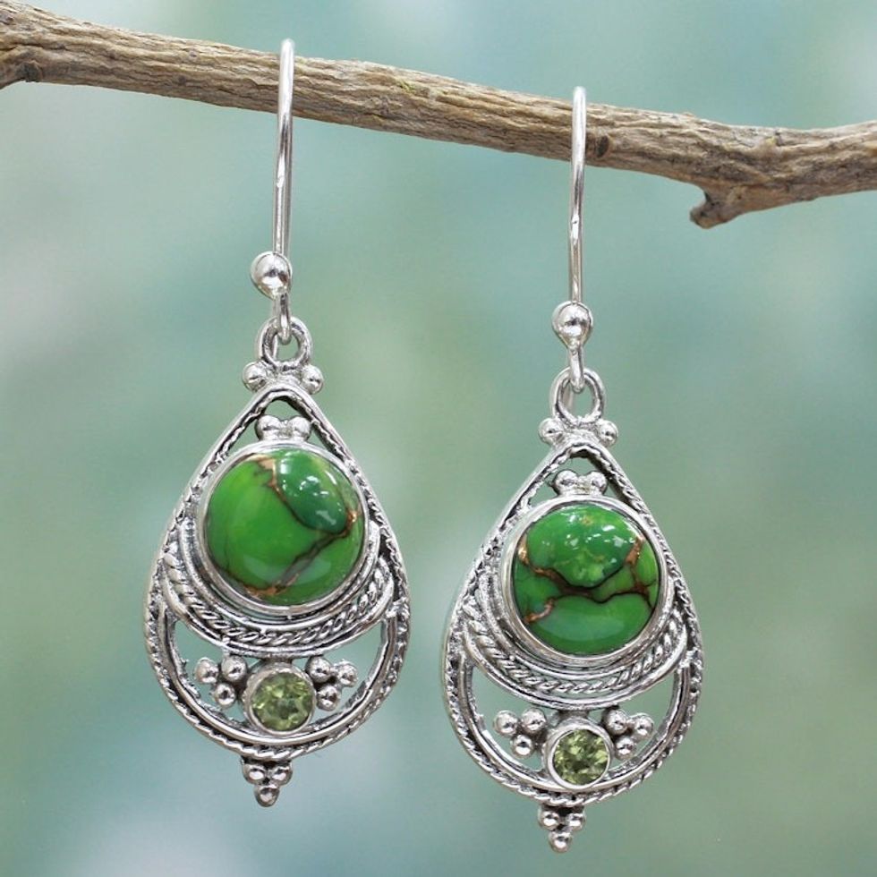 Sterling Silver, Peridot, and Composite Turquoise Earrings 'Green Elegance'