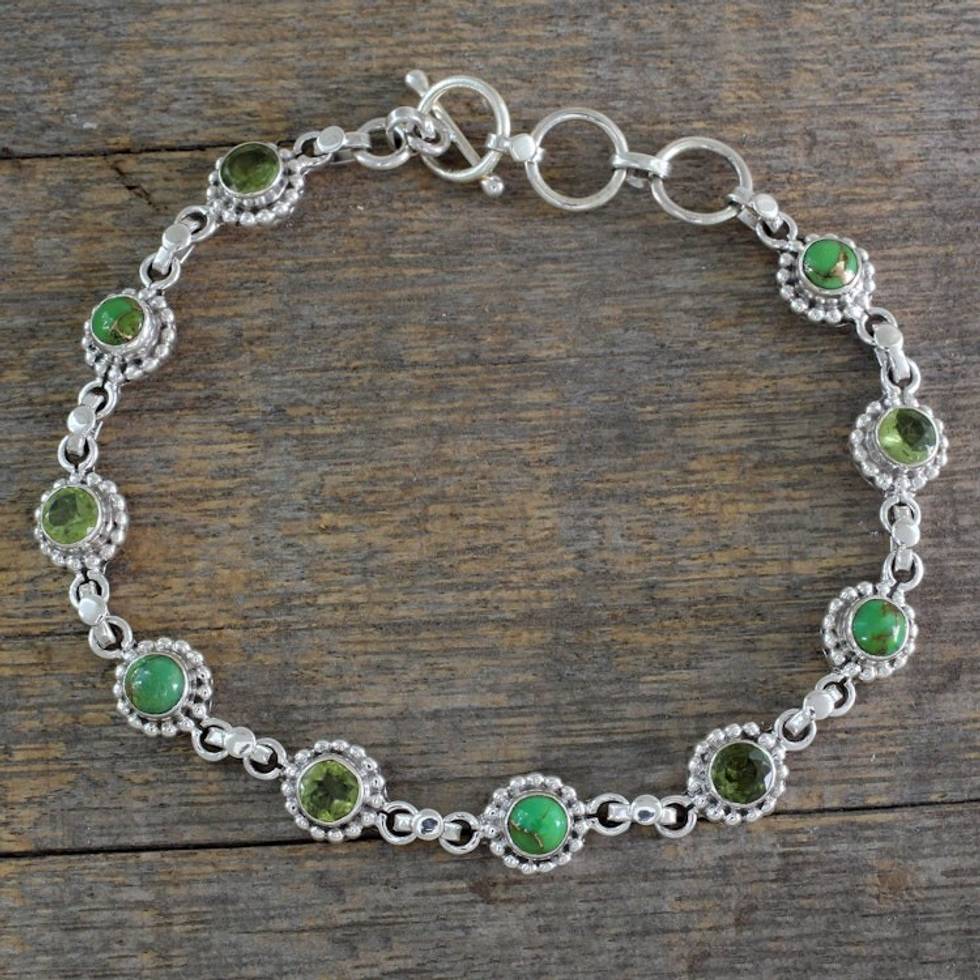 Sterling Silver Peridot and Composite Turquoise Bracelet 'Petite Flowers'
