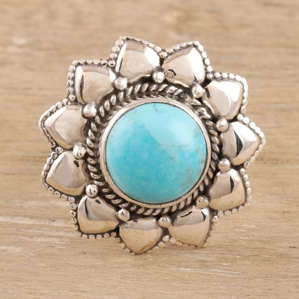 Floral Reconstituted Turquoise Cocktail Ring from India 'Flower of the Sky'