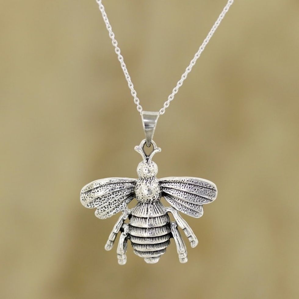 Sterling Silver Bee Pendant Necklace from India 'Humming Bee'