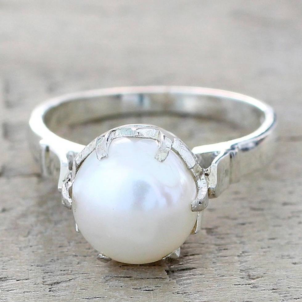 Artisan Crafted Cultured Pearl Solitaire Ring from India 'Glowing Globe'