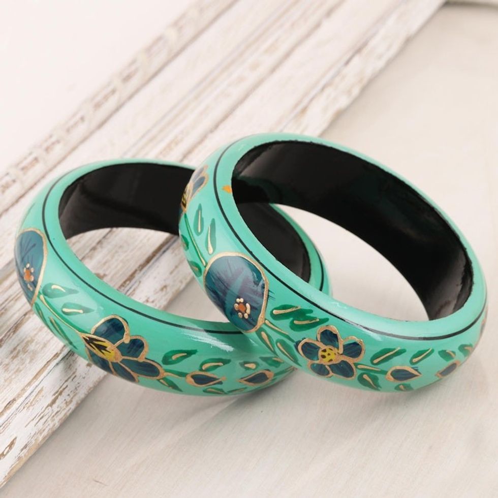 Floral Wood Bangle Bracelets in Viridian from India Pair 'Floral Viridian'