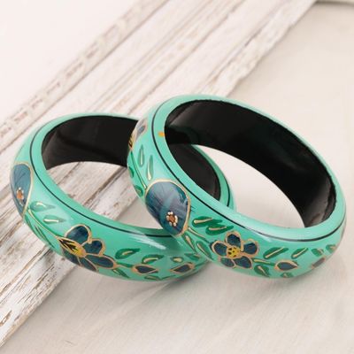 Alternate image for Floral Wood Bangle Bracelets in Viridian from India Pair Floral Viridian