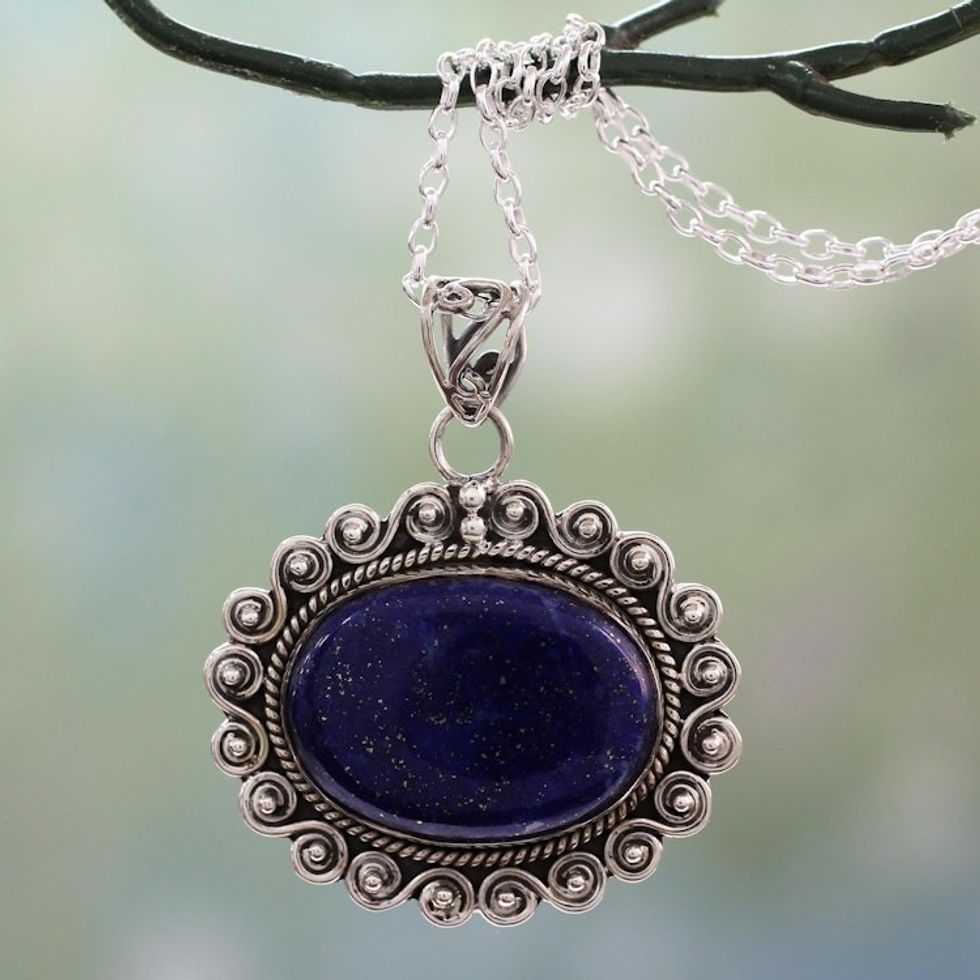 India Lapis Lazuli Necklace Artisan Crafted with 925 Silver 'True Admiration'