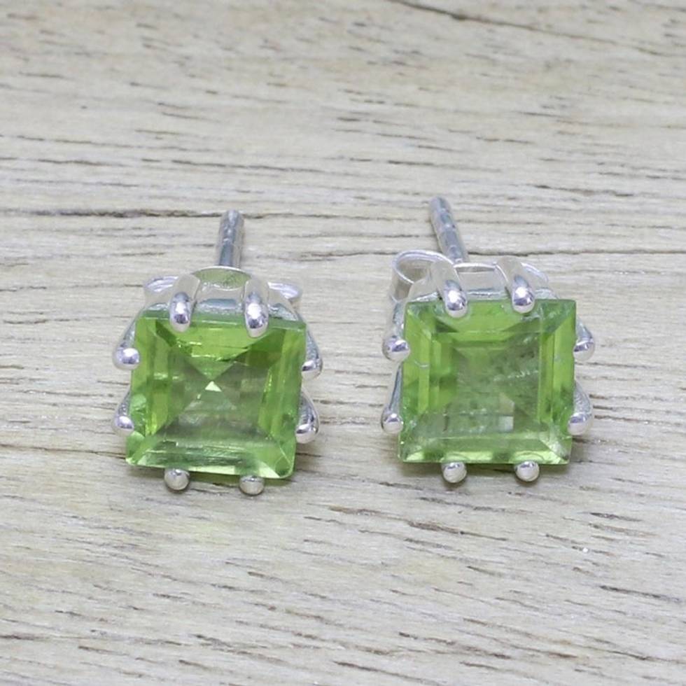 Peridot Earrings Sterling Silver Handmade Indian Jewelry 'Lucky Squares'