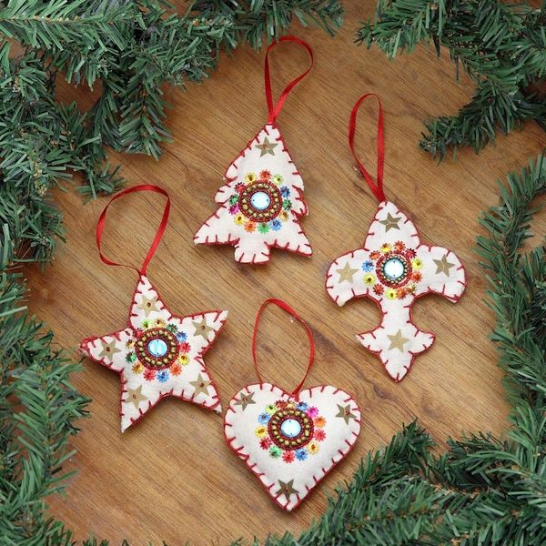 Alternate image for Handmade Beaded Wool Christmas Ornaments set of 4 Christmas Charms