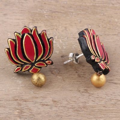 Alternate image for Pink and Gold Colored Hand Painted Terracotta Earrings Lotus Majesty