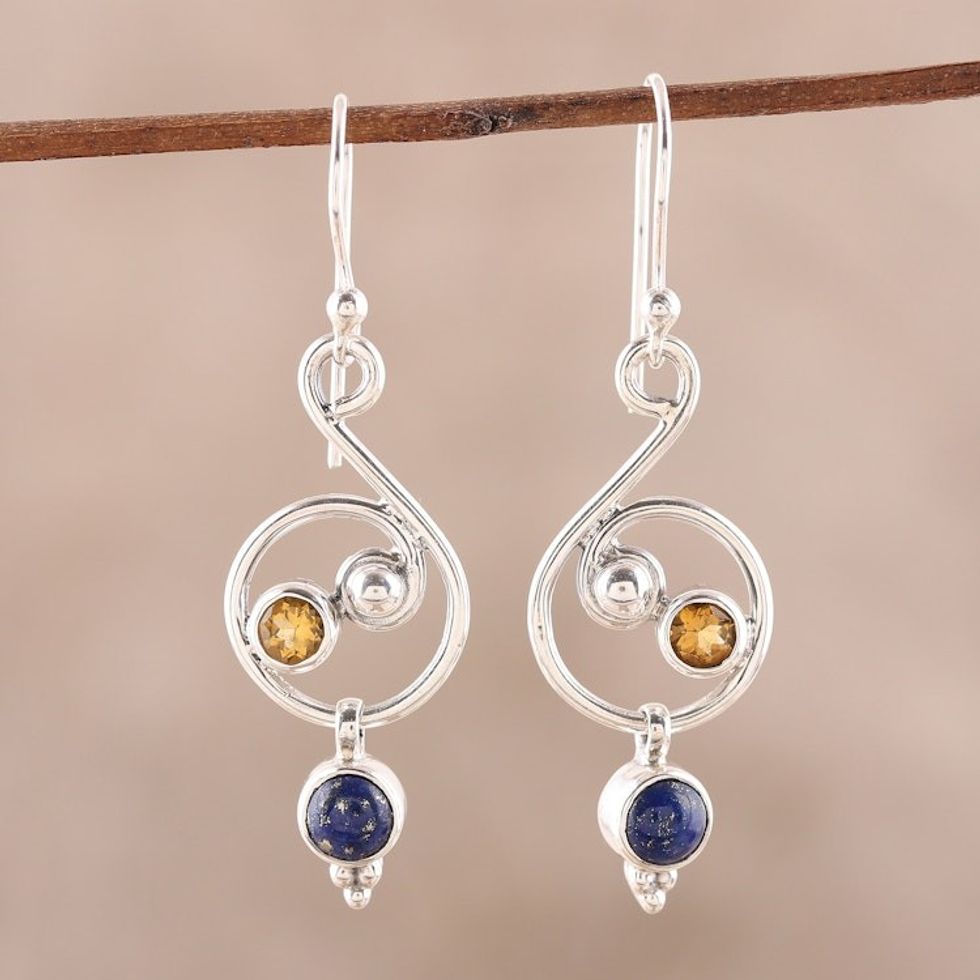 Lapis Lazuli and Citrine Earrings Crafted in India 'Swirling Royal'