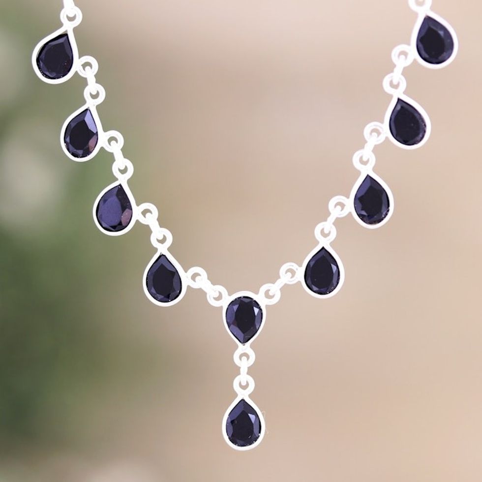 Polished Sterling Silver Waterfall Necklace with Onyx Gems 'Midnight Droplets'