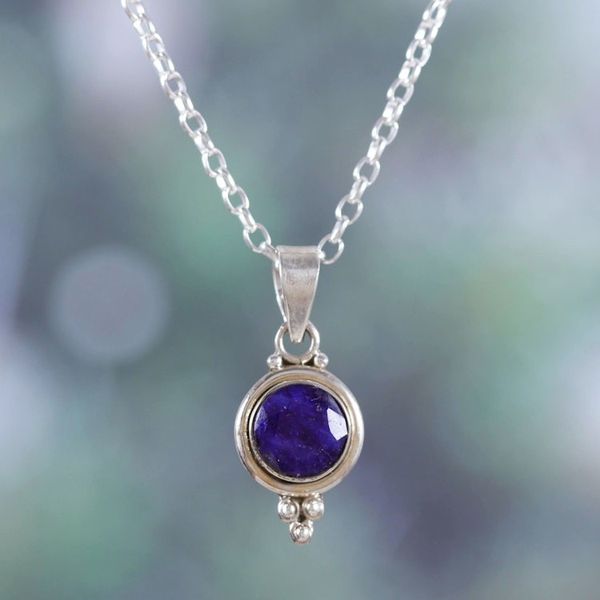 Alternate image for Indian Sapphire and Sterling Silver Pendant Necklace Air Bubble in Blue