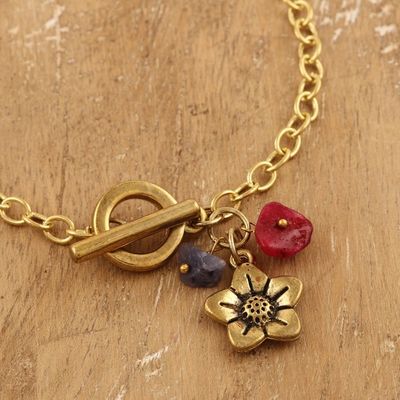 Alternate image for Floral Brass Charm Bracelet with Agate Chips from India Harmony Bloom
