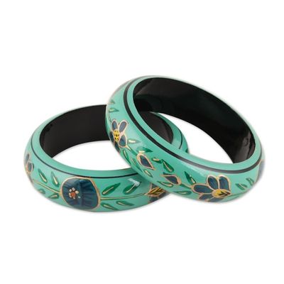 Alternate image for Floral Wood Bangle Bracelets in Viridian from India Pair Floral Viridian