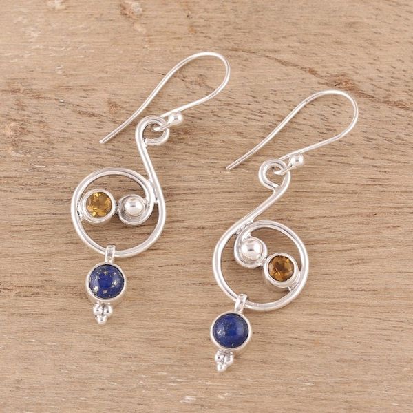 Alternate image for Lapis Lazuli and Citrine Earrings Crafted in India Swirling Royal
