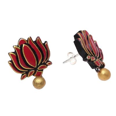 Alternate image for Pink and Gold Colored Hand Painted Terracotta Earrings Lotus Majesty