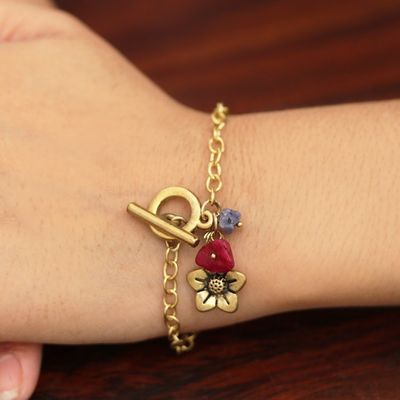 Alternate image for Floral Brass Charm Bracelet with Agate Chips from India Harmony Bloom