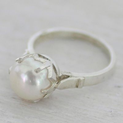 Alternate image for Artisan Crafted Cultured Pearl Solitaire Ring from India Glowing Globe