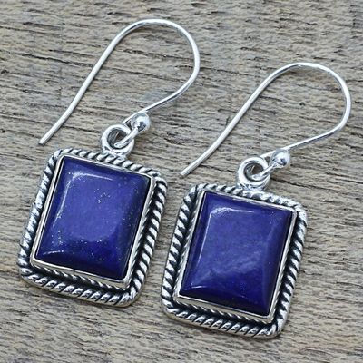 Alternate image for Lapis Lazuli Sterling Silver Rectangle Dangle Earrings Blue Frame