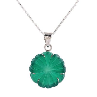 Alternate image for Green Onyx and Silver Floral Pendant Necklace from India Green Petals