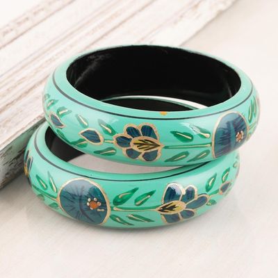 Alternate image for Floral Wood Bangle Bracelets in Viridian from India Pair Floral Viridian