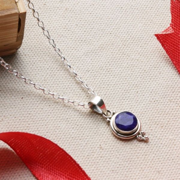 Alternate image for Indian Sapphire and Sterling Silver Pendant Necklace Air Bubble in Blue