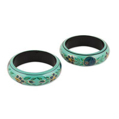 Alternate image for Floral Wood Bangle Bracelets in Viridian from India Pair Floral Viridian