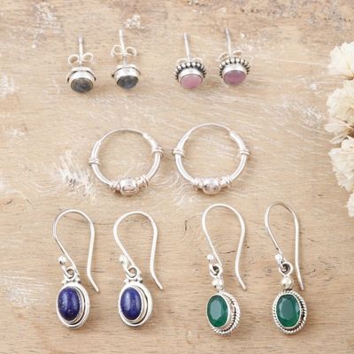 Alternate image for Set of 5 Sterling Silver Gemstone Earrings from India Everyday Style