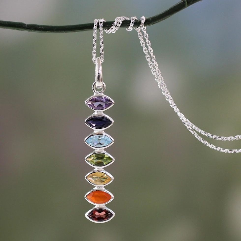 Indian Seven-Gemstone Chakra Necklace in 925 Sterling Silver 'Chakra Balance'