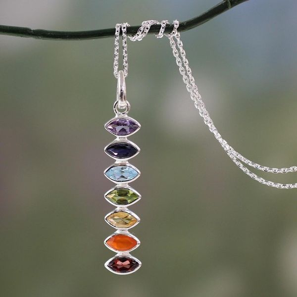 Alternate image for Indian Seven-Gemstone Chakra Necklace in 925 Sterling Silver Chakra Balance