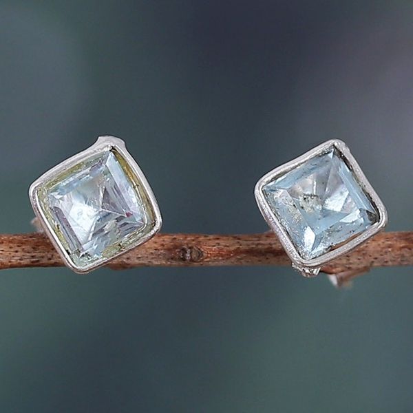 Alternate image for Sterling Silver Stud Earrings with Blue Topaz Gemstone Subtle Glimmer