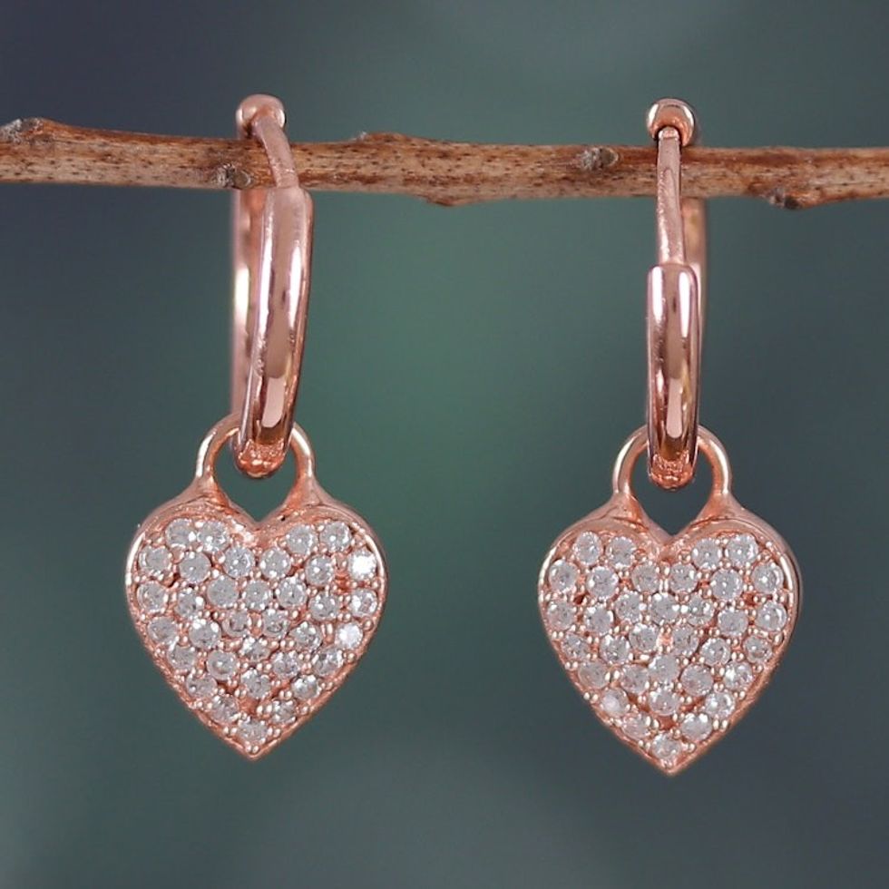 Rose Gold-Plated Heart Dangle Earrings with Cubic Zirconia 'Sparkling Heart'